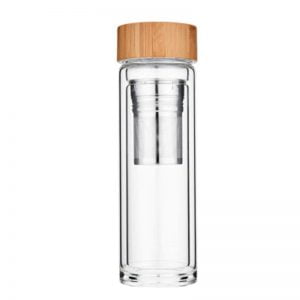 Double Wall Water Bottle With Bamboo Wood Lid