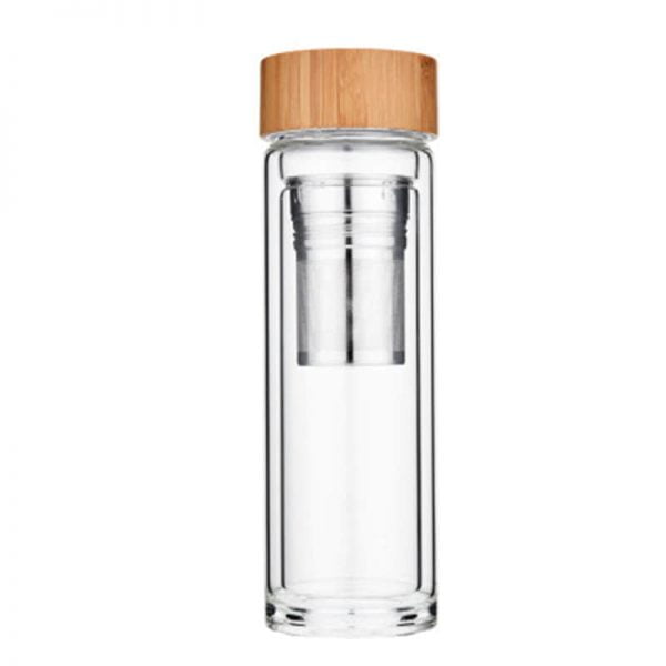 Double Wall Water Bottle With Bamboo Wood Lid