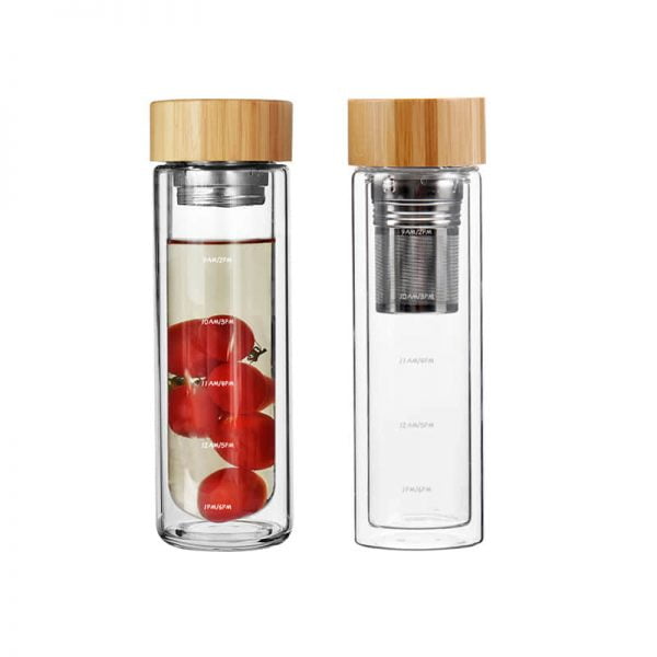 Double Wall Water Bottle With Bamboo Wood Lid