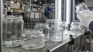 Clear food jars on a glass packaging production line