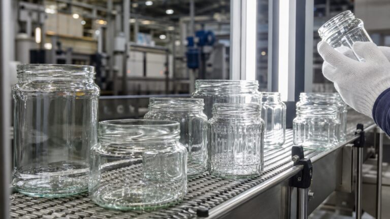 Frascos transparentes para alimentos en una línea de producción de envases de vidrio