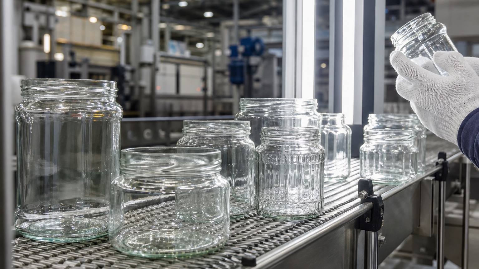 Frascos transparentes para alimentos en una línea de producción de envases de vidrio